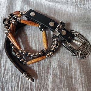 Buffalo Nickel Silver Tone Black Wood Silver Tone Ladies Belt TARNISHED Unsigned